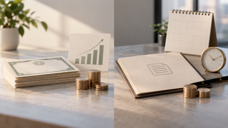 Minimal financial planning concept showing investment growth, stock-related assets, coins, and a clock to represent the timing and tax considerations of RSUs and incentive stock options.