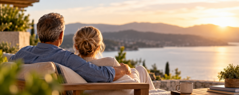 An older couple sitting together on a patio overlooking the sea at sunset, enjoying their retirement.