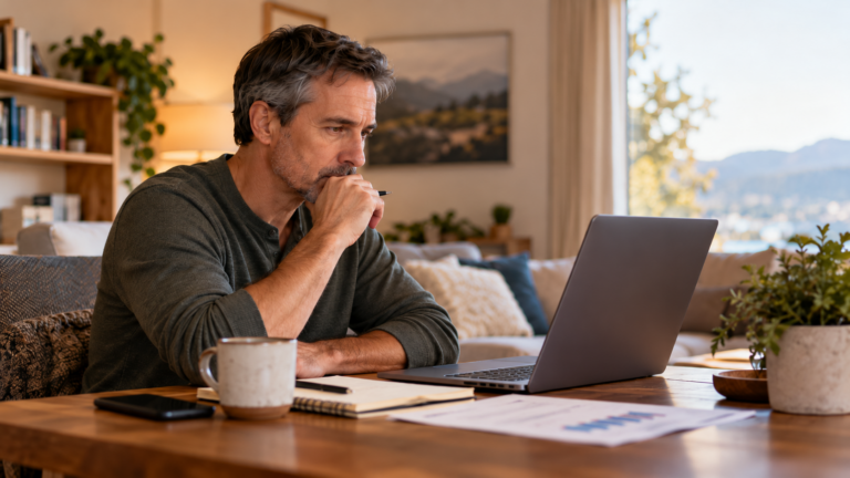 Middle-aged man reviewing a stock market chart on a laptop at a kitchen table, with a notebook, coffee mug, phone, and financial papers nearby in a warm home setting.
